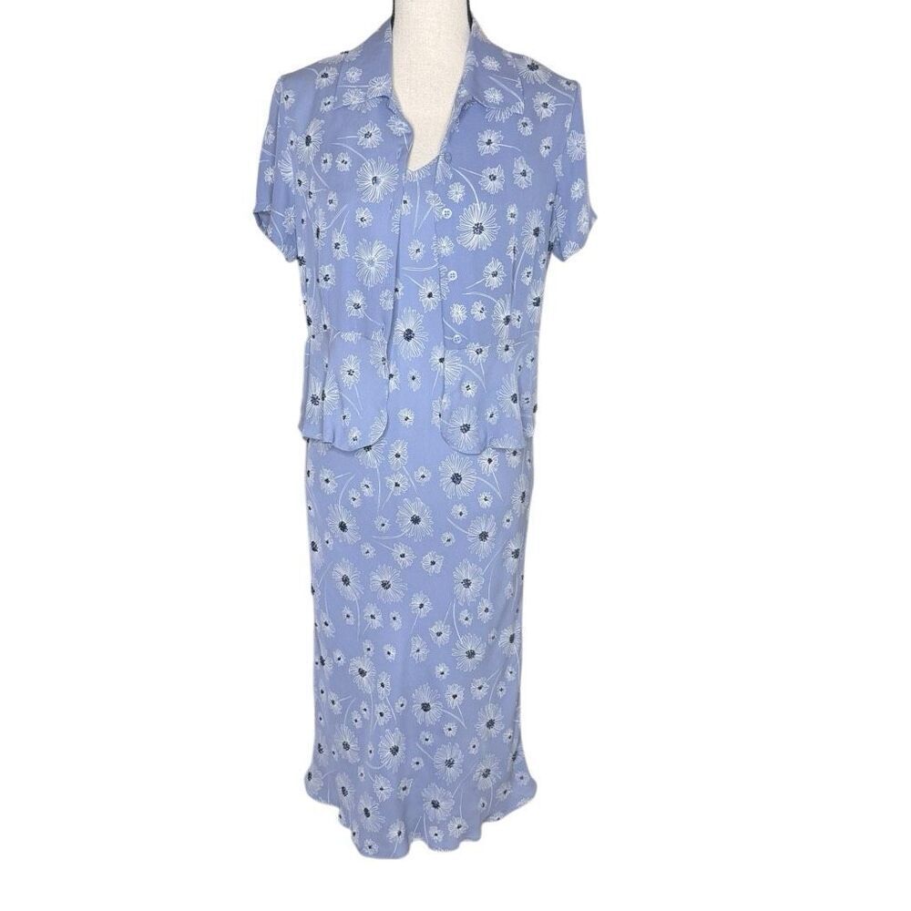 Vintage Ice Dress Blue Silk Beaded Two Pc. Peplum Jacket and Midi Sheath Size 8